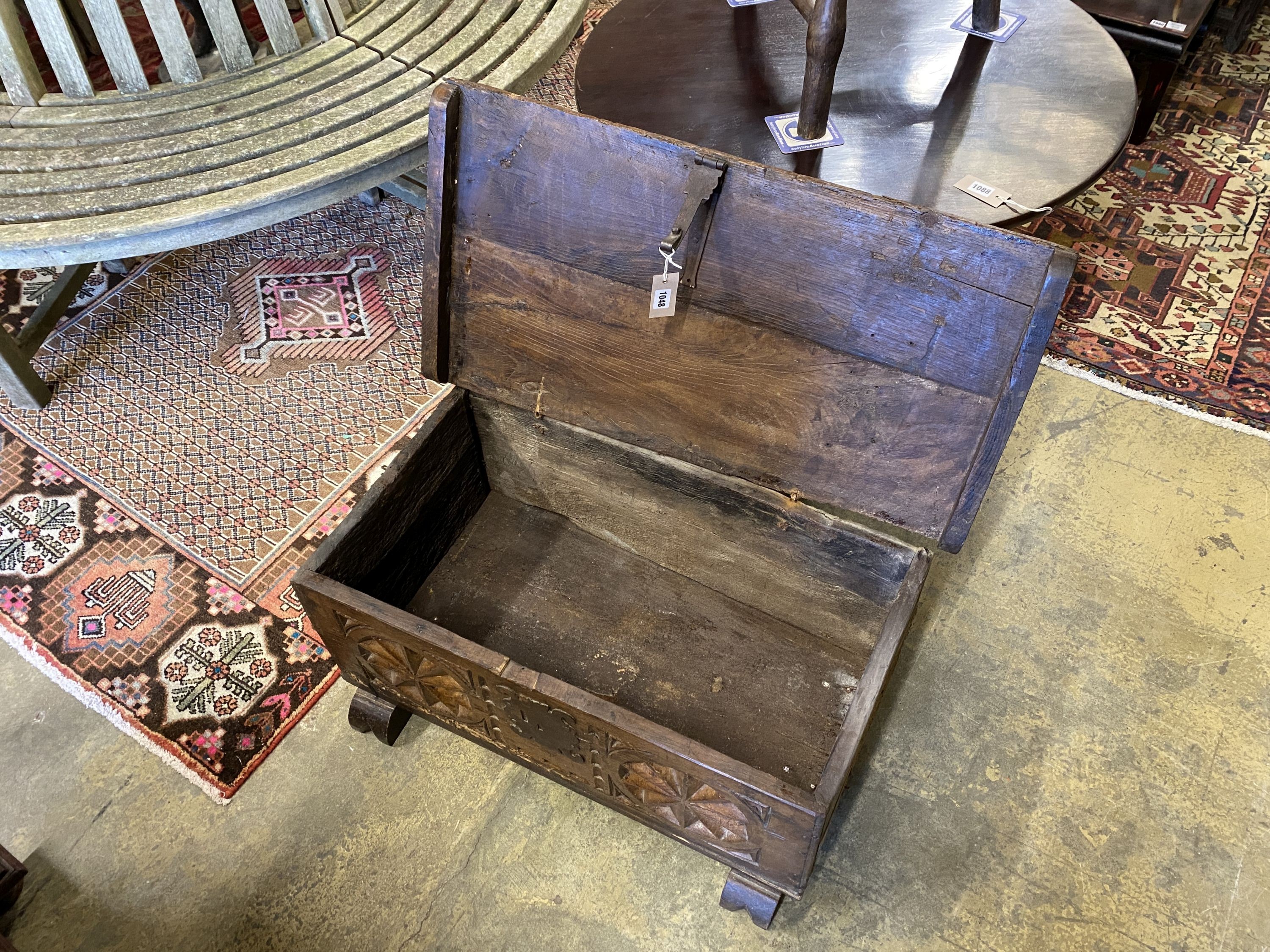 A 17th century and later Spanish oak coffer, length 86cm, depth 44cm, height 41cm